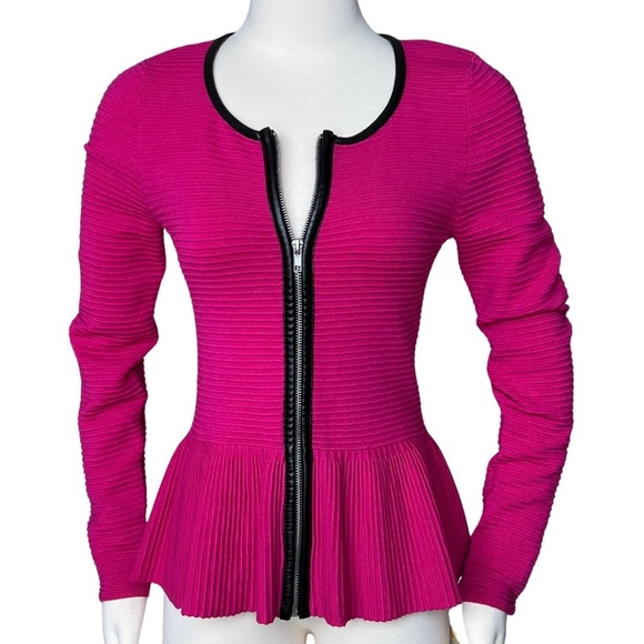 INC International Concepts Sweaters - INC International Concepts Pink Peplum Zip Up Sweater Faux Leather Trim Sz M NWT